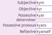 pronouns kym/kyr/kyar/kyars/kyarself